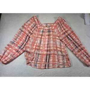 Hope & Harlow Boho Plaid Peasant Blouse Womens Medium Square Neck Crochet Trim